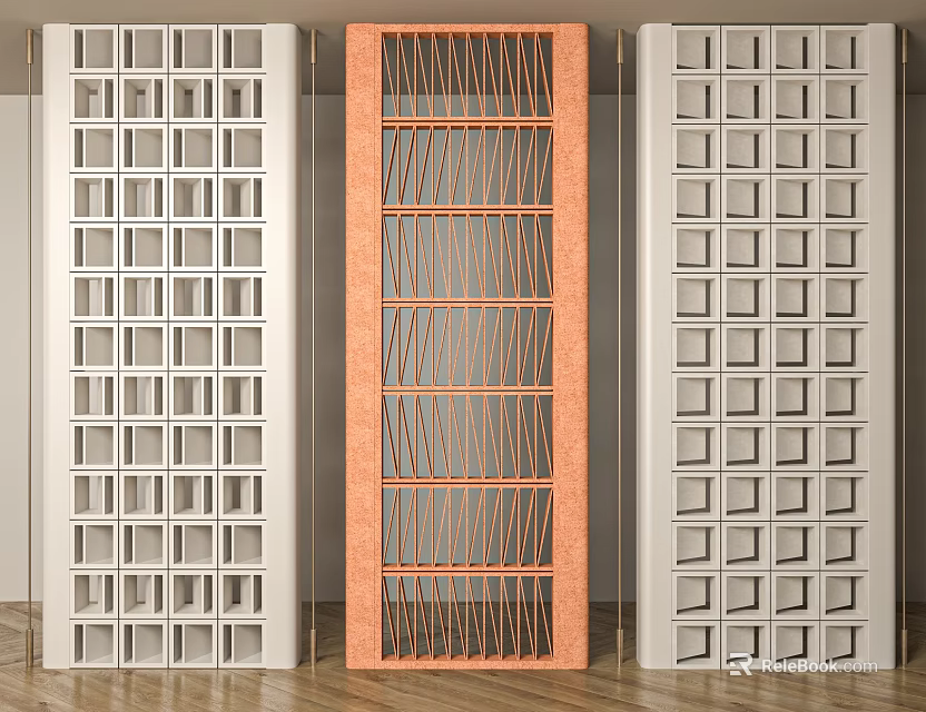 Modern Room Dividers With Grid Patterns And Wavy Orange Wooden Panel Design 3d model