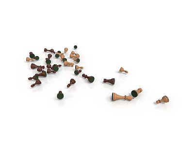 Scattered Chess Pieces In Different Colors And Sizes On White Background 3d model