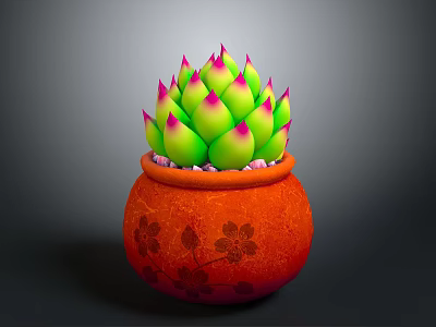 Succulent Plant with Green Leaves and Pink Tips in Orange Pot with Cherry Blossom Pattern 3d model
