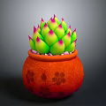 Succulent Plant with Green Leaves and Pink Tips in Orange Pot with Cherry Blossom Pattern
