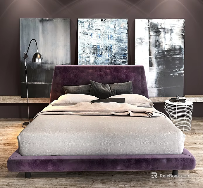 Modern Double Bed With Purple Headboard White Bedding Abstract Paintings And Floor Lamp 3d model 