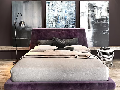 Modern Double Bed With Purple Headboard White Bedding Abstract Paintings And Floor Lamp 3d model