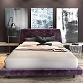 Modern Double Bed With Purple Headboard White Bedding Abstract Paintings And Floor Lamp