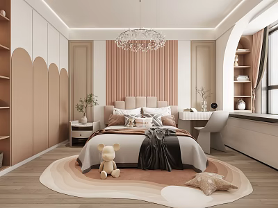 Cozy Kids Room Interior Design With Striped Wall Chandelier Wavy Rug And Teddy Bear 3d model