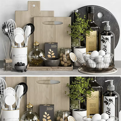 Organized Kitchen Utensils On Wooden Tray With Glass Jars Eggs And Green Plants On Countertop 3d model