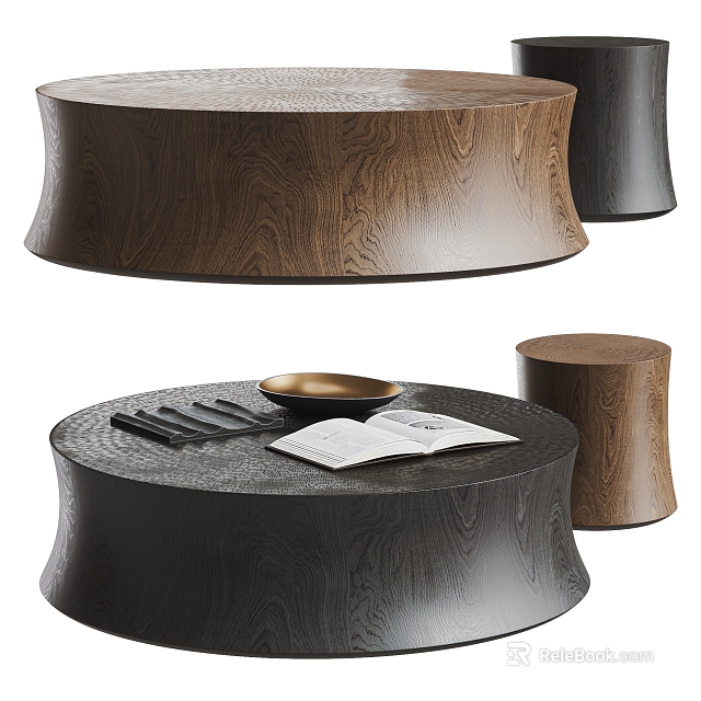 Stylish Round Wooden Coffee Table With Dark Brown Finish And Bowl Book On Top 3d model 