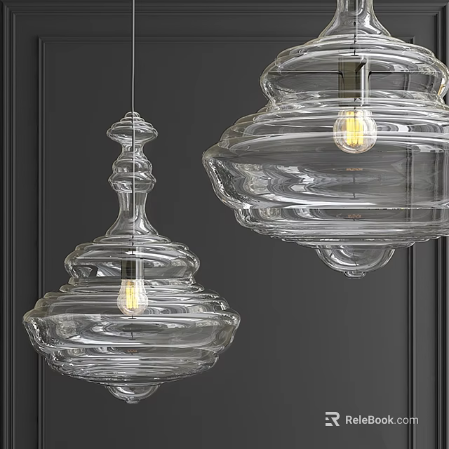 Elegant Transparent Glass Chandeliers With Unique Designs Hanging On Dark Wall 3d model 
