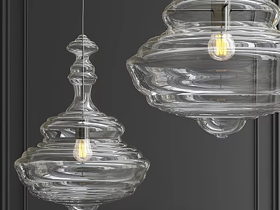Elegant Transparent Glass Chandeliers With Unique Designs Hanging On Dark Wall 3d model