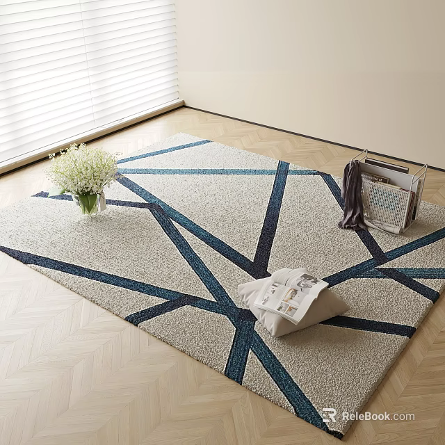 Square Rug with Modern Geometric Design Blue Black Lines on Wooden Floor and White Vase 3d model 
