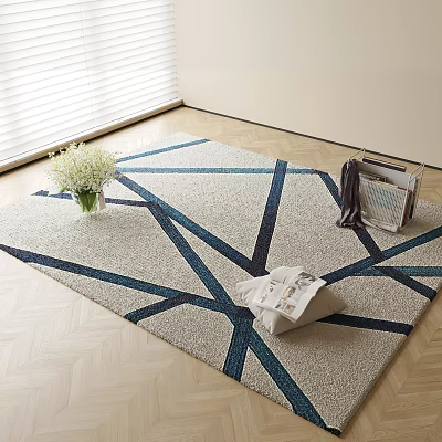 Square Rug with Modern Geometric Design Blue Black Lines on Wooden Floor and White Vase 3d model