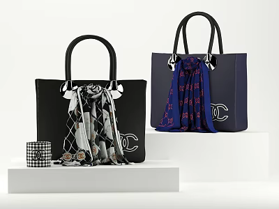 Chic Tote Bags With Black Navy Blue CC Logo Scarves And Accessories On White Platforms 3d model