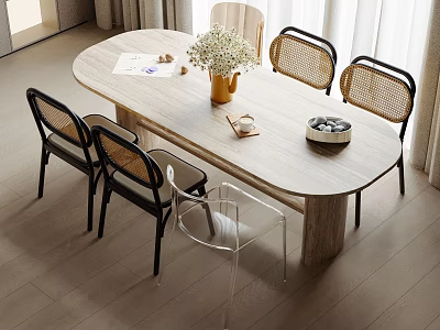 Modern Oval Wooden Dining Table Set with Rattan Back Black Leg Chairs and Vase Flowers 3d model