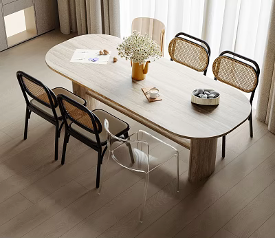 Modern Oval Wooden Dining Table Set with Rattan Back Black Leg Chairs and Vase Flowers 3d model
