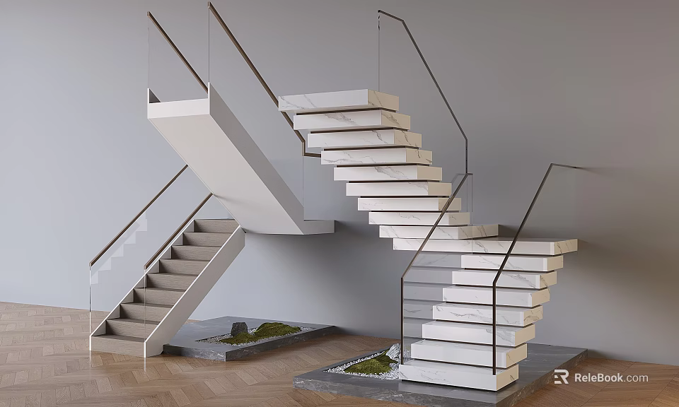 Modern Floating Stairs Design With Glass Railings White Steps Wooden Floor And Green Plants 3d model 