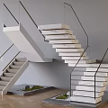 Modern Floating Stairs Design With Glass Railings White Steps Wooden Floor And Green Plants