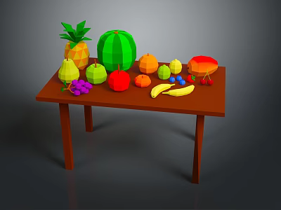 Colorful Assorted Fresh Fruits On Brown Wooden Table With Pineapple Watermelon Apple Banana And Grapes 3d model