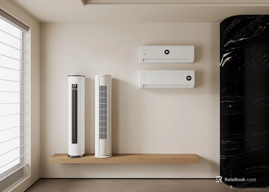 Modern Wall Mounted Air Conditioners And Standing Fans In Room With Wooden Shelf 3d model 