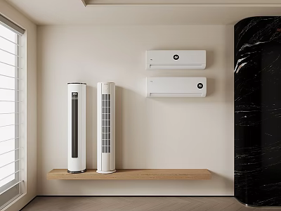 Modern Wall Mounted Air Conditioners And Standing Fans In Room With Wooden Shelf 3d model