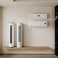 Modern Wall Mounted Air Conditioners And Standing Fans In Room With Wooden Shelf