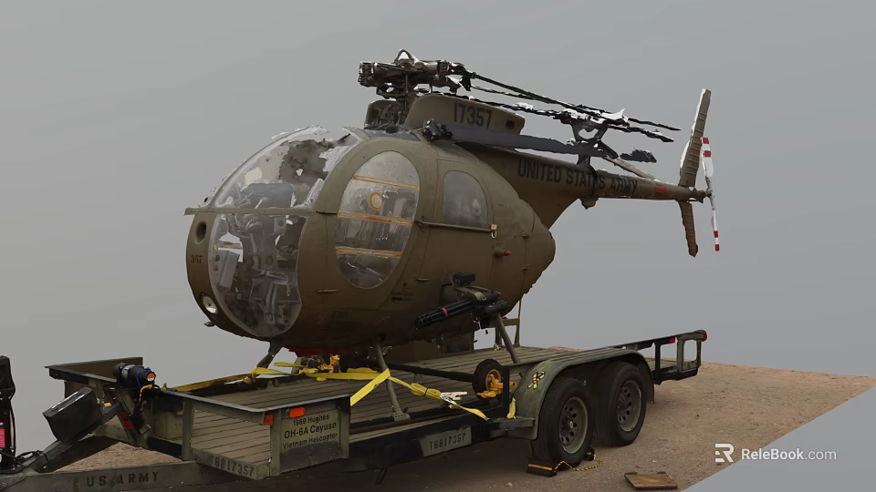 United States Army Olive Green Military Helicopter Displayed On Transport Trailer Outdoor 3d model 