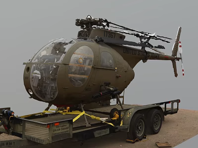 United States Army Olive Green Military Helicopter Displayed On Transport Trailer Outdoor 3d model