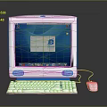 Vintage Computer with Monitor Keyboard and Mouse in White and Blue Design Displaying Screen Interface