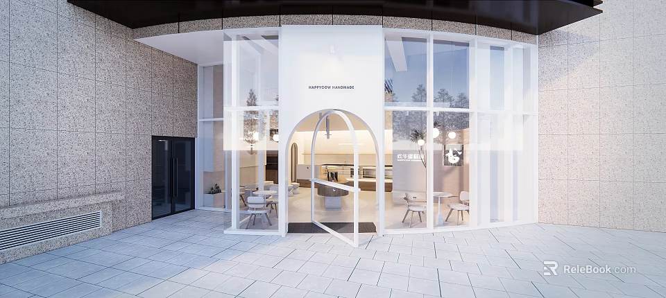 Modern Dessert Shop Exterior With Glass Windows Arched Entrance And Outdoor Seating 3d model 