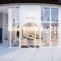 Modern Dessert Shop Exterior With Glass Windows Arched Entrance And Outdoor Seating