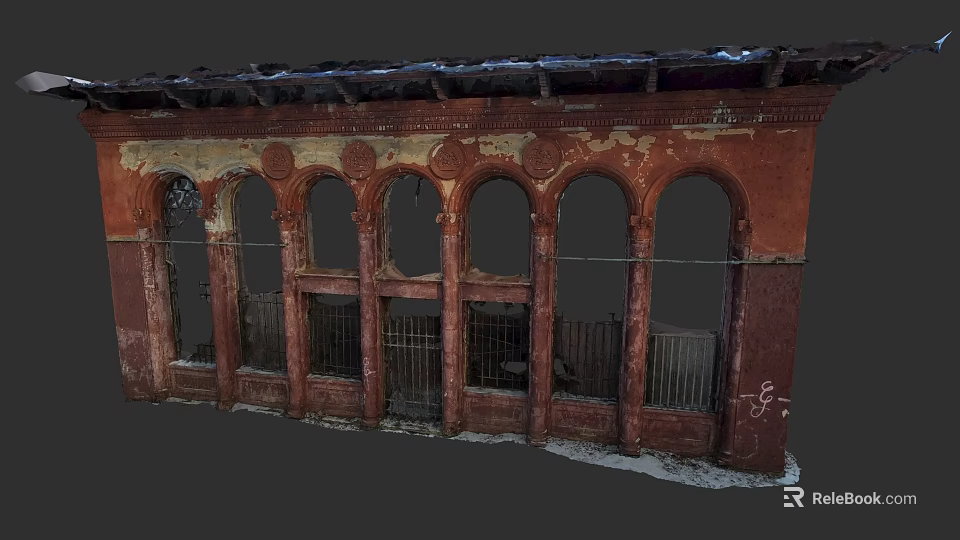 Old Commercial Complex Red Exterior With Arched Windows Iron Grilles Peeling Walls And Damaged Roof 3d model 