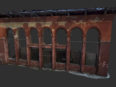 Old Commercial Complex Red Exterior With Arched Windows Iron Grilles Peeling Walls And Damaged Roof 3d model
