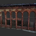 Old Commercial Complex Red Exterior With Arched Windows Iron Grilles Peeling Walls And Damaged Roof