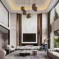 Modern Duplex Living Room Interior With High Ceiling Pendant Lights And Sofa Set Decor