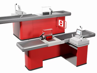 Modern Red Reception Desk Design With Cash Register Display Screen And Functional Counter 3d model