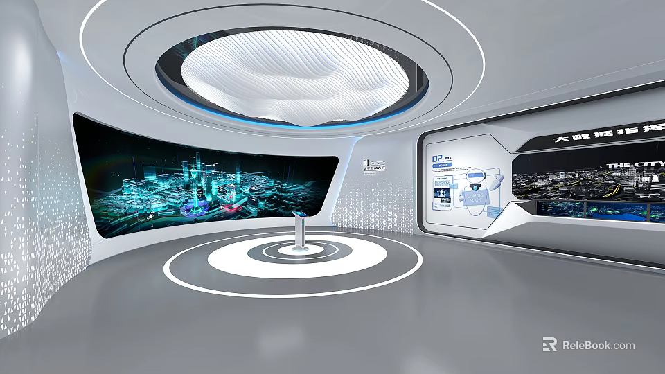 Futuristic Digital Exhibition Space With Data Visualization Screens Central Console And Circular Design 3d model