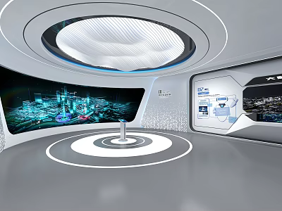 Futuristic Digital Exhibition Space With Data Visualization Screens Central Console And Circular Design 3d model