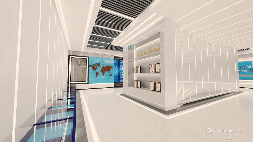 Modern Exhibition Hall Interior With White Walls Display Shelves World Map And Ceiling Lights 3d model 