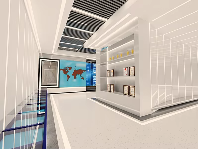 Modern Exhibition Hall Interior With White Walls Display Shelves World Map And Ceiling Lights 3d model