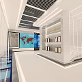 Modern Exhibition Hall Interior With White Walls Display Shelves World Map And Ceiling Lights