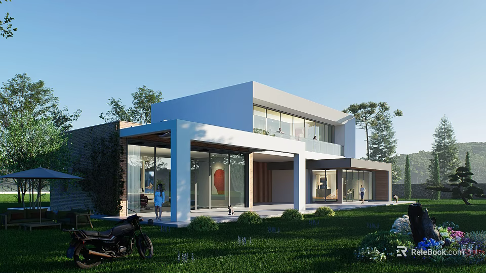 Modern Detached Villa Exterior With Large Glass Windows Green Lawn And Surrounding Greenery 3d model 