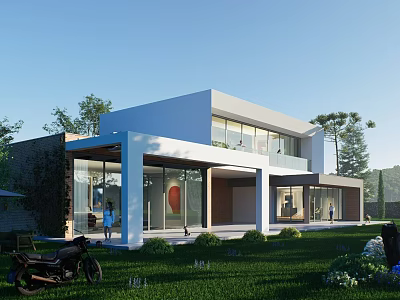 Modern Detached Villa Exterior With Large Glass Windows Green Lawn And Surrounding Greenery 3d model