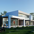 Modern Detached Villa Exterior With Large Glass Windows Green Lawn And Surrounding Greenery