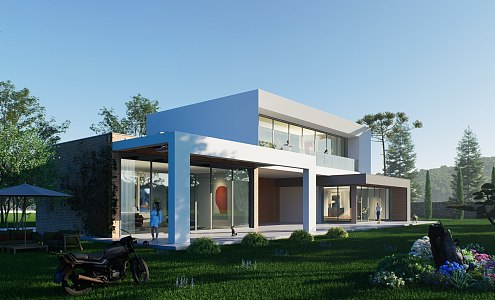 Modern high-grade single-family villa homestay hotel with flat roof 3d model