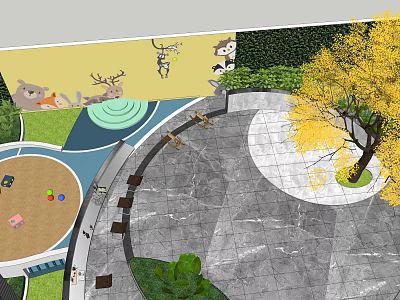 Courtyard Garden Featuring Kids Play Area Sandpit Ginkgo Tree Gray Stone Paved Floor And Benches 3d model