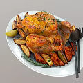 Roasted Chicken Served on White Plate with Potato Wedges Rosemary and Lemon Slice