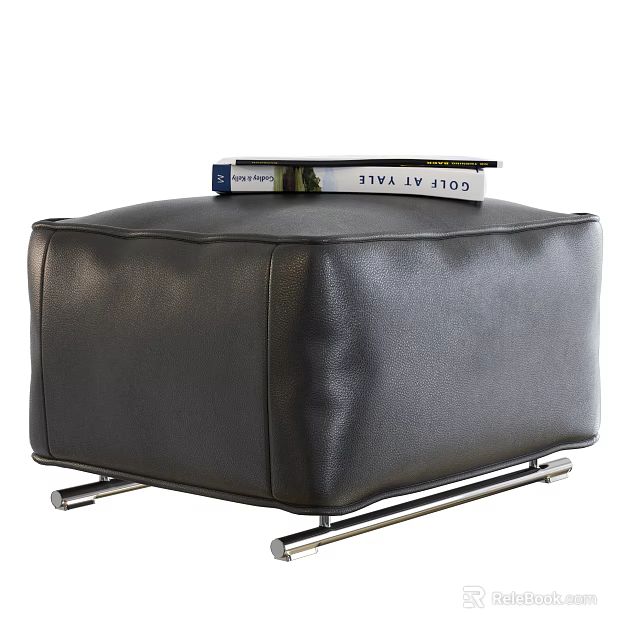 Modern Black Leather Ottoman With Metal Legs And Book On Top 3d model 