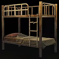 Old Rusted Bunk Beds With Mattresses And Blankets In Dim Room