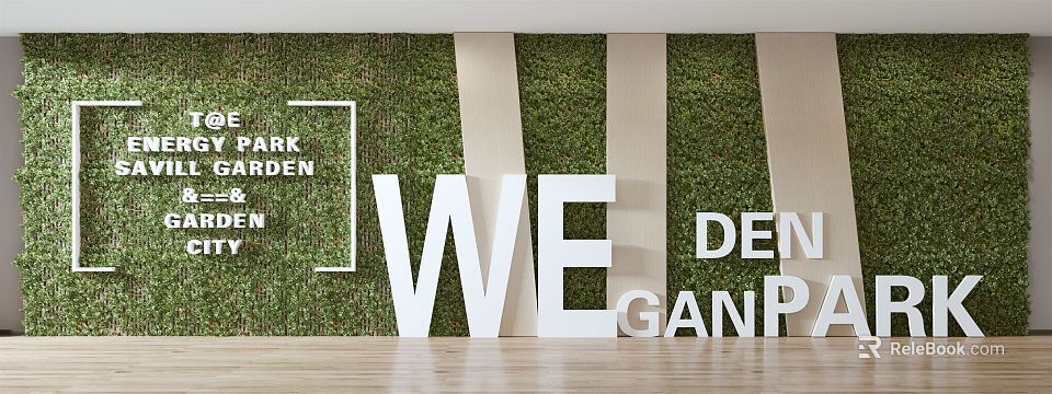 Modern Living Green Wall Interior Design With Decorative Letters And Wooden Flooring 3d model 