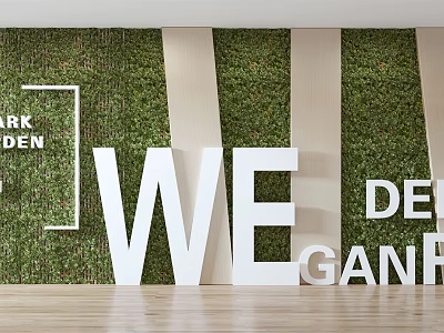 Modern Living Green Wall Interior Design With Decorative Letters And Wooden Flooring 3d model