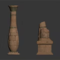 Ancient Stone Sculpture Carvings with Textured Surfaces and Various Shapes on Square Bases