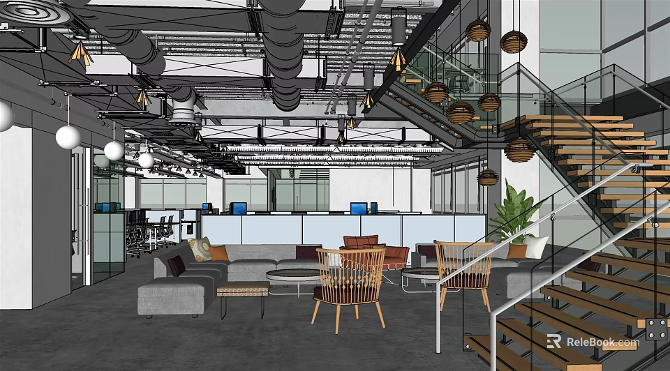 Modern Office Break Room With Sofa Tables Chairs Pendant Lights And Green Plants 3d model 